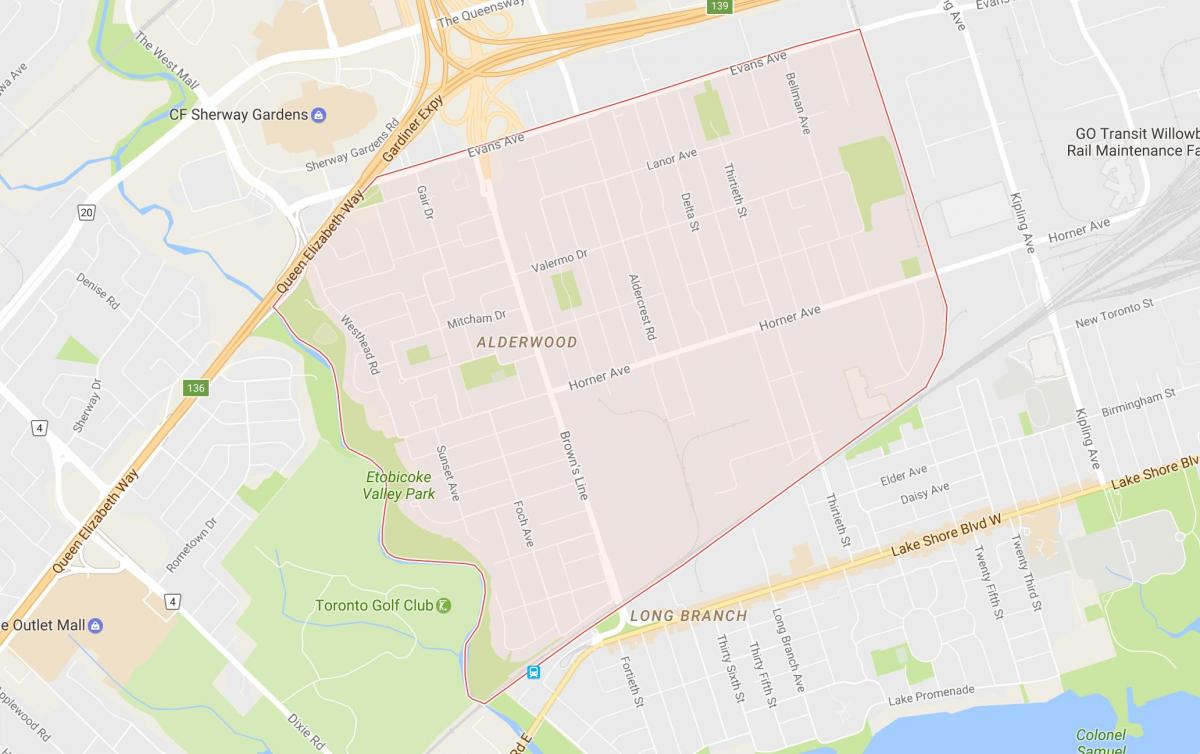 Žemėlapis Alderwood Parkview kaimynystės Toronto