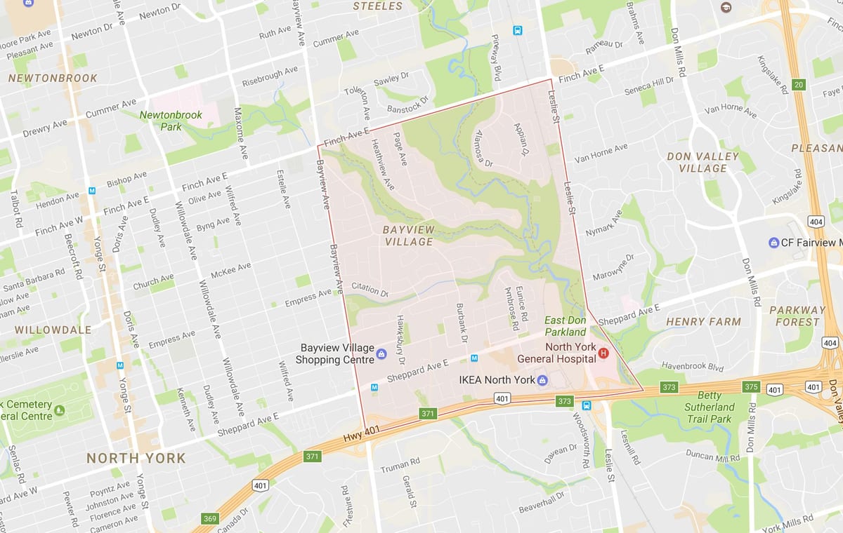 Žemėlapis Bayview Kaime kaimynystės Toronto