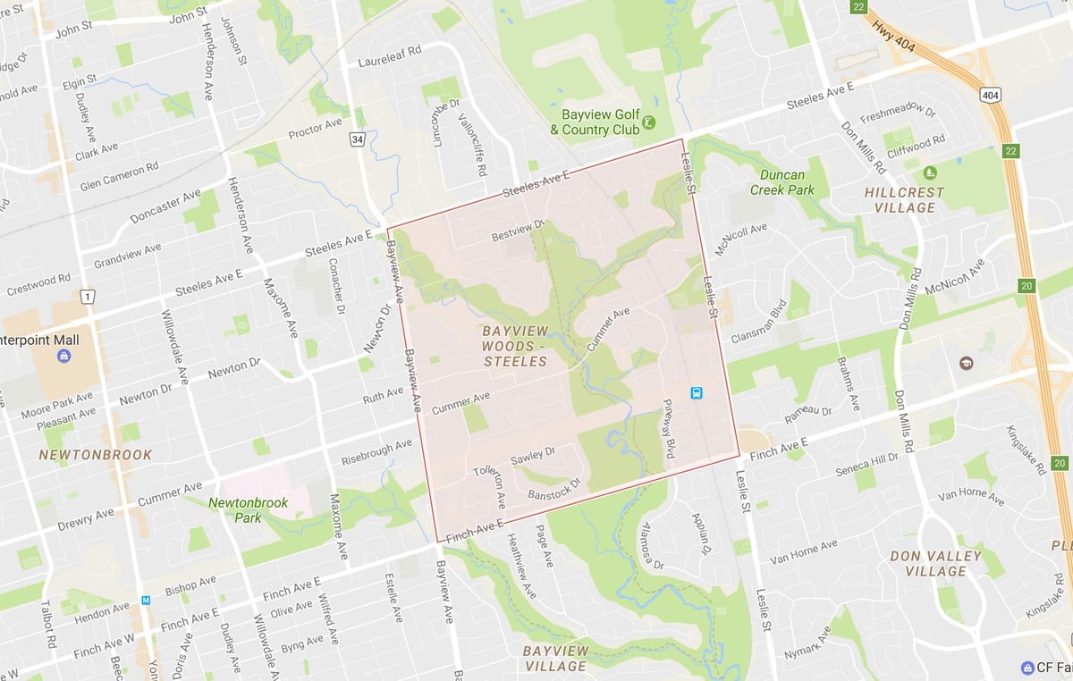 Žemėlapis Bayview Miškai – Steeles kaimynystės Toronto