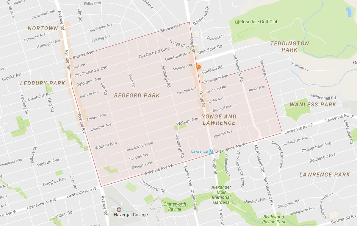 Žemėlapis Bedford Park kaimynystės Toronto