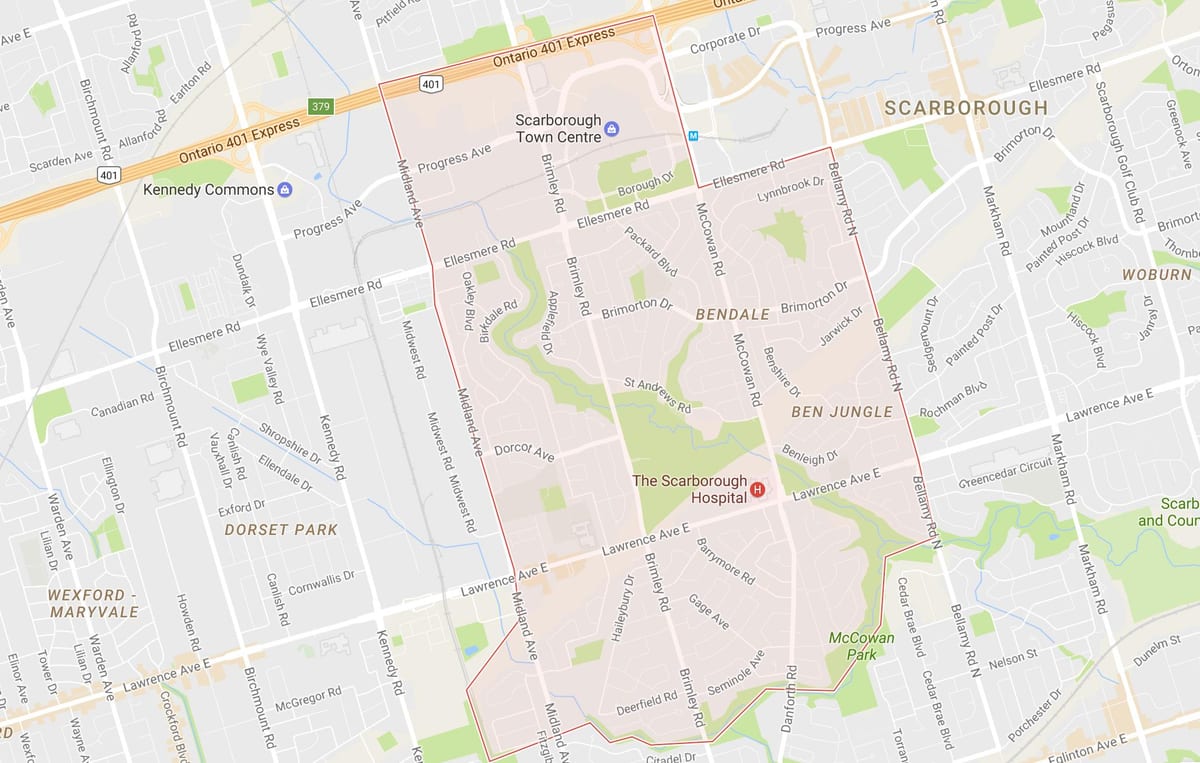 Žemėlapis Bendale kaimynystės Toronto