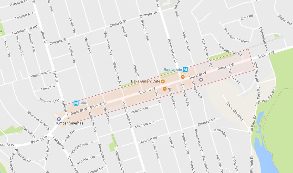Žemėlapis Bloor West Village kaimynystės Toronto