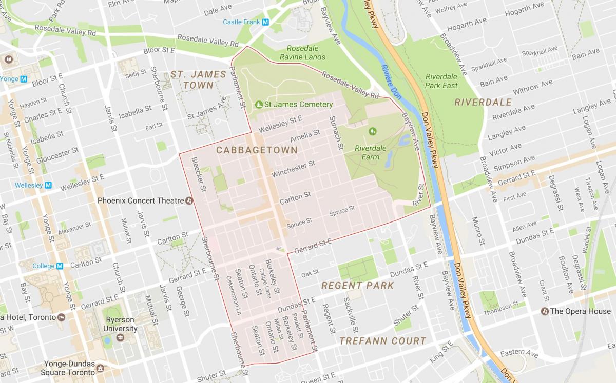 Žemėlapis Cabbagetown kaimynystės Toronto