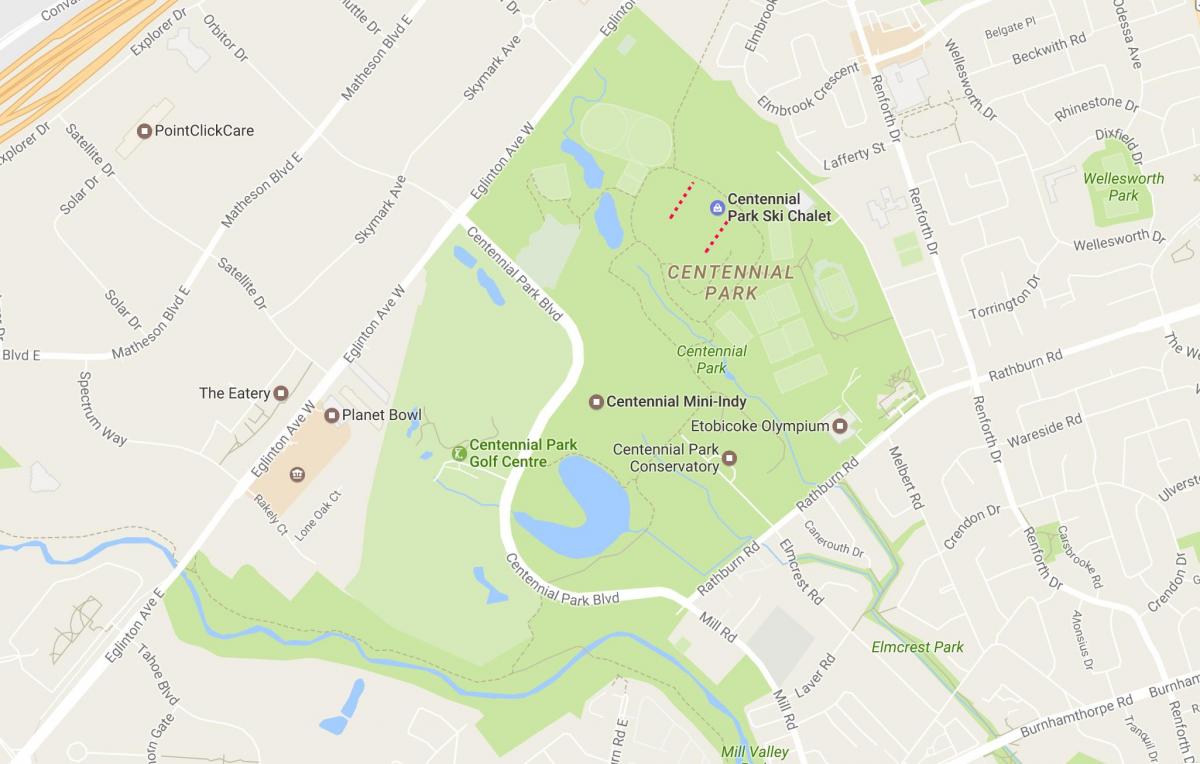 Žemėlapis Centennial Park kaimynystės Toronto