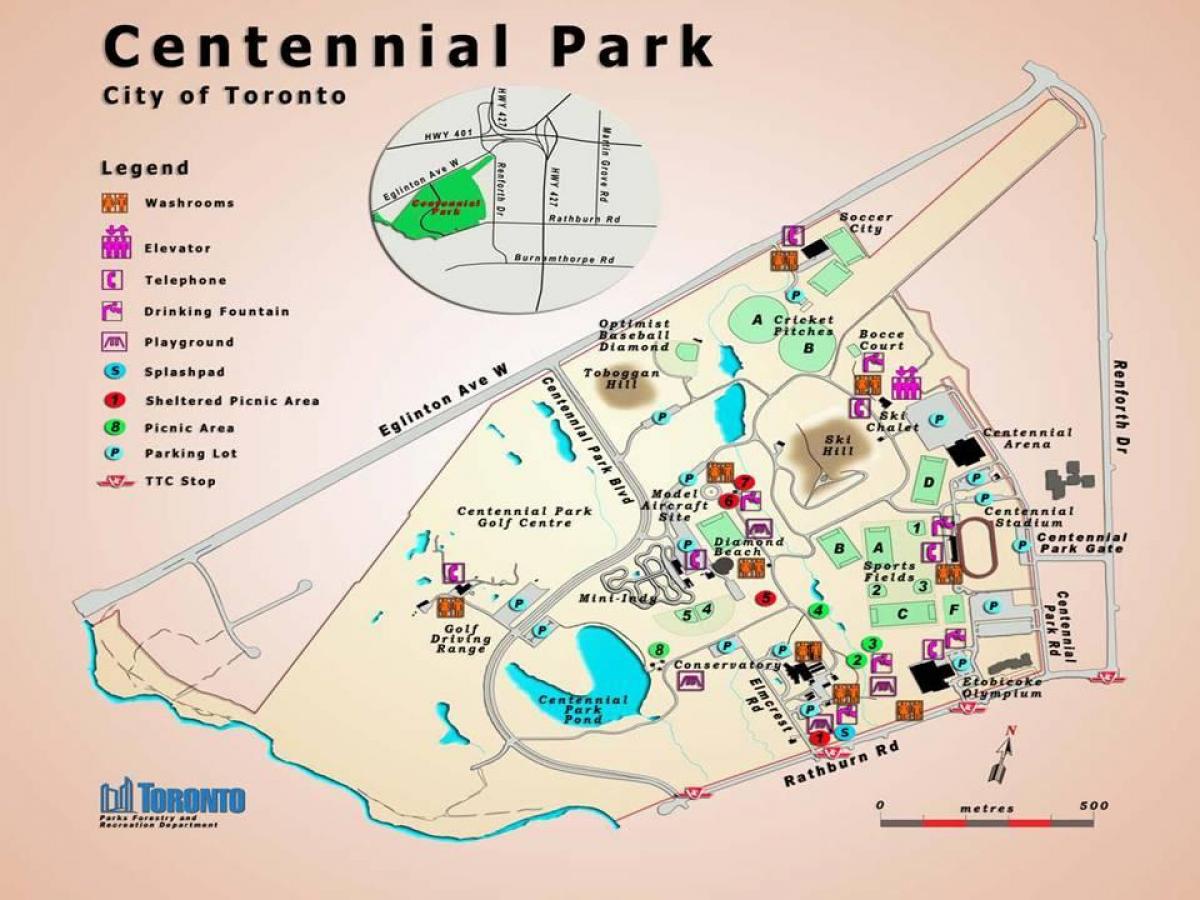 Žemėlapis Centennial Park Šiltnamio efektą sukeliančių Toronto