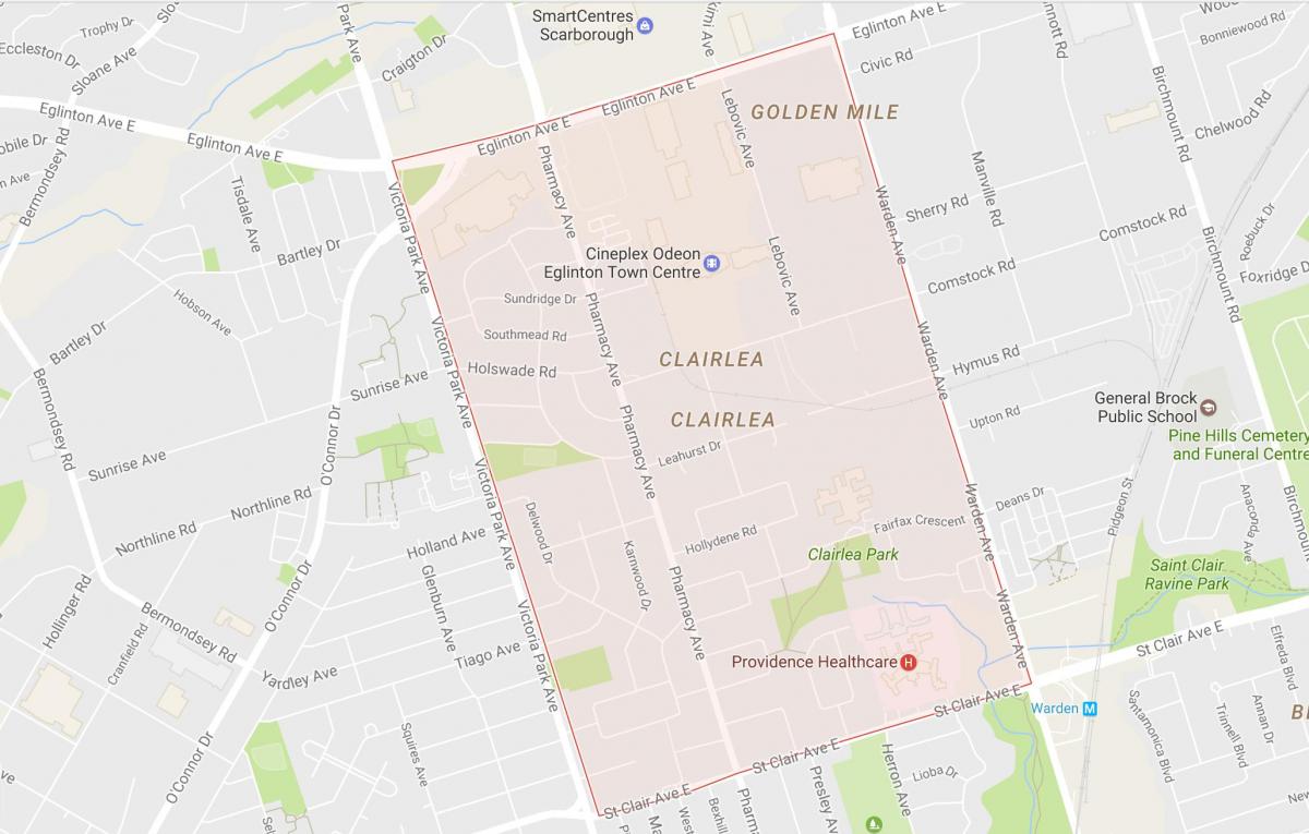 Žemėlapis Clairlea kaimynystės Toronto
