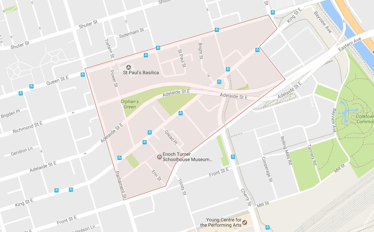 Žemėlapis Corktown kaimynystės Toronto