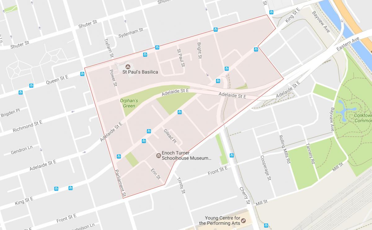 Žemėlapis Corktown kaimynystės Toronto