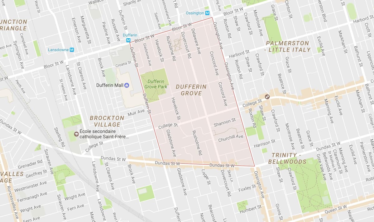 Žemėlapis Dufferin Grove kaimynystėje Toronto