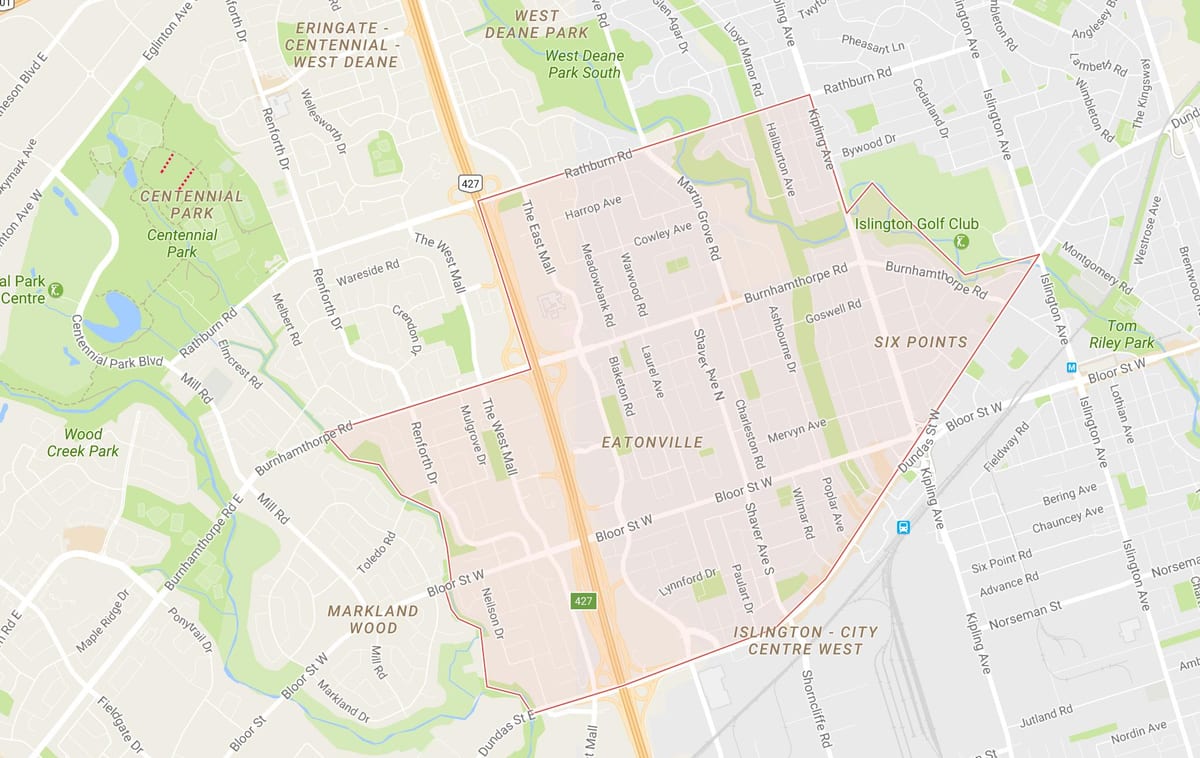 Žemėlapis Eatonville kaimynystės Toronto