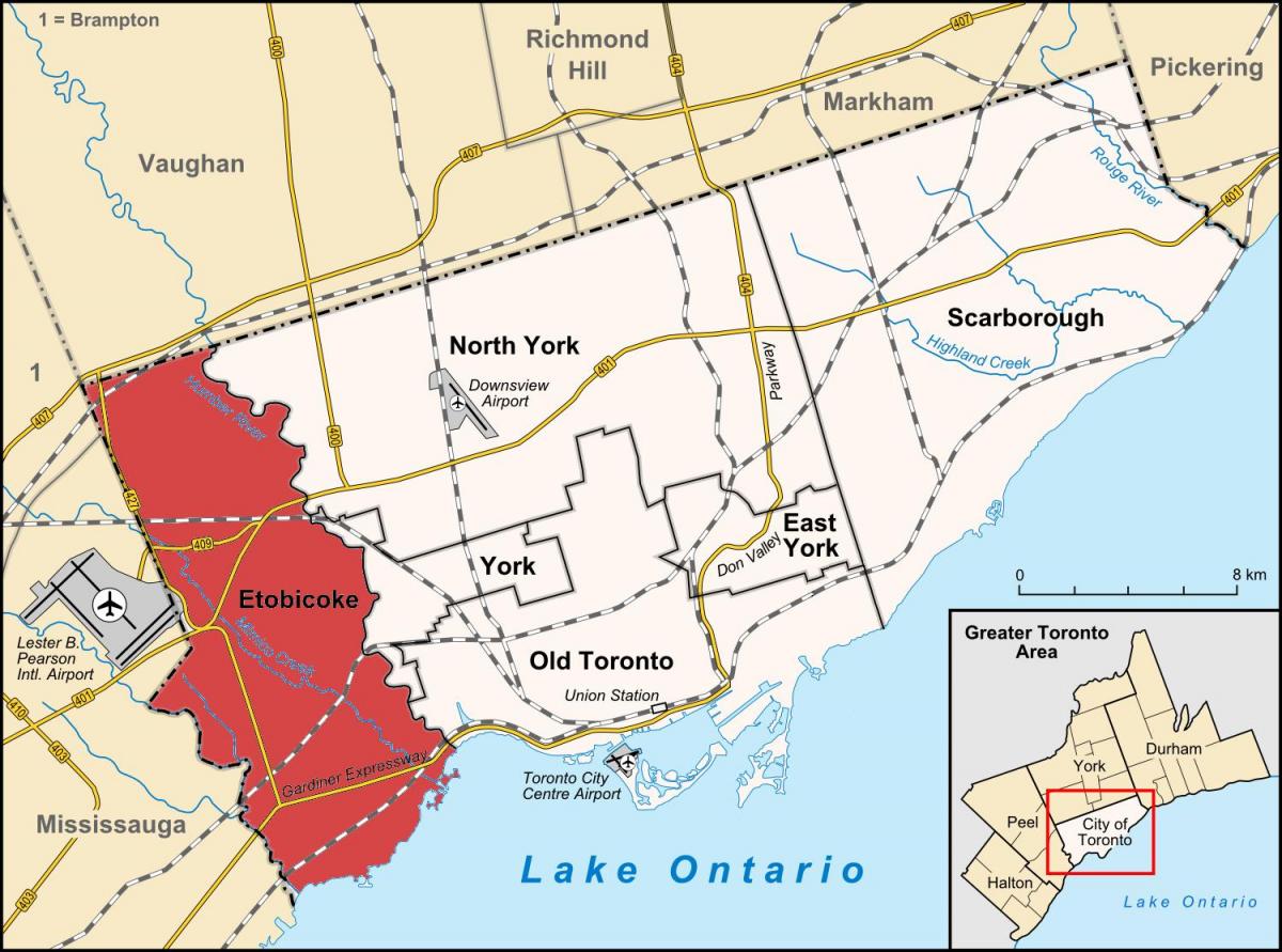 Žemėlapis Etobicoke rajono Toronto