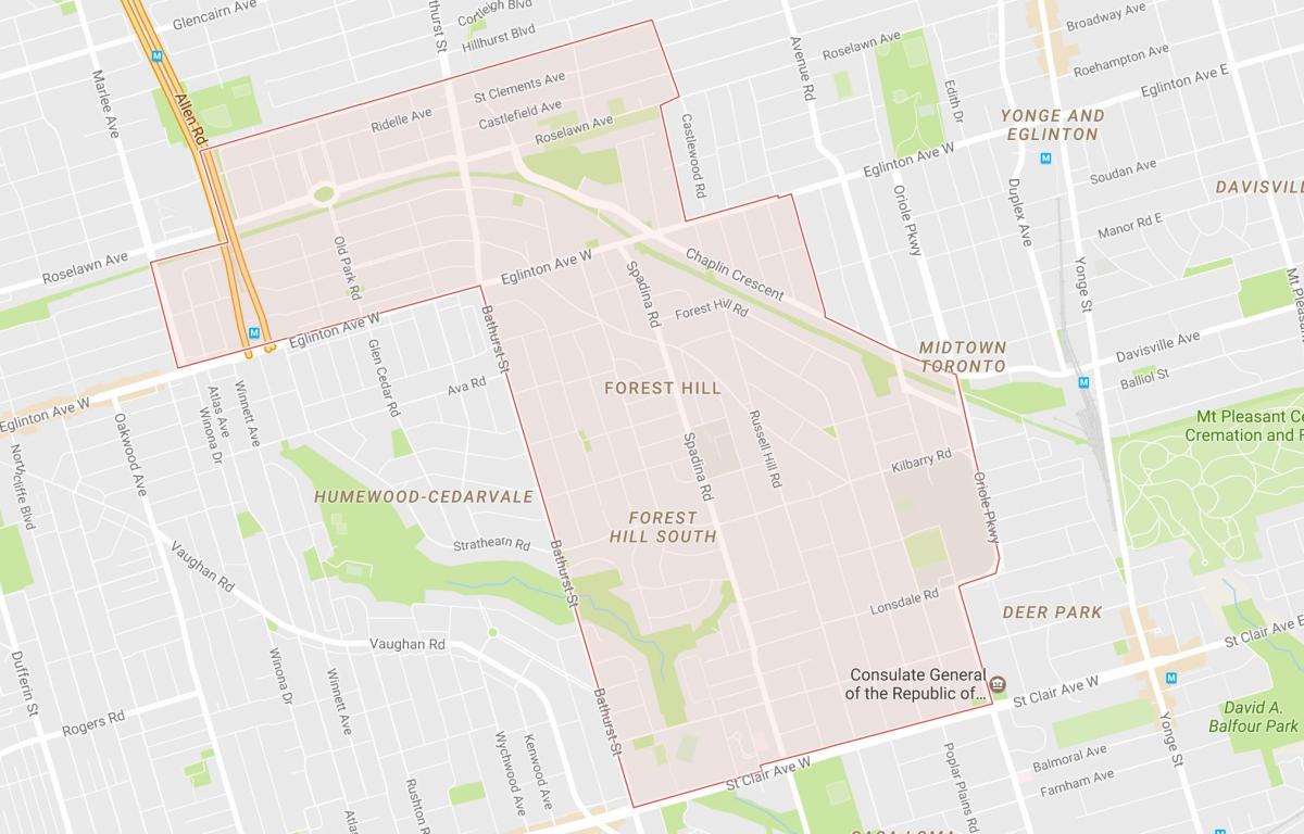 Žemėlapis Forest Hill kaimynystės Toronto