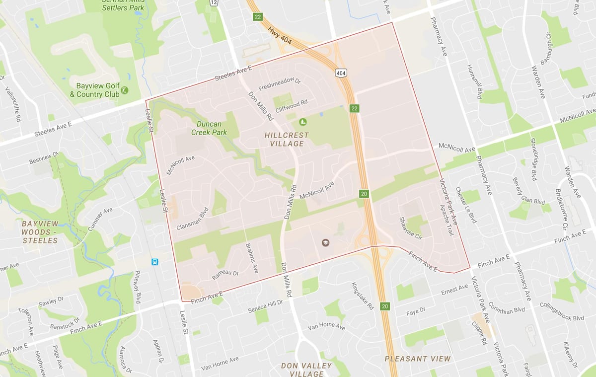 Žemėlapis Hillcrest Kaime kaimynystės Toronto