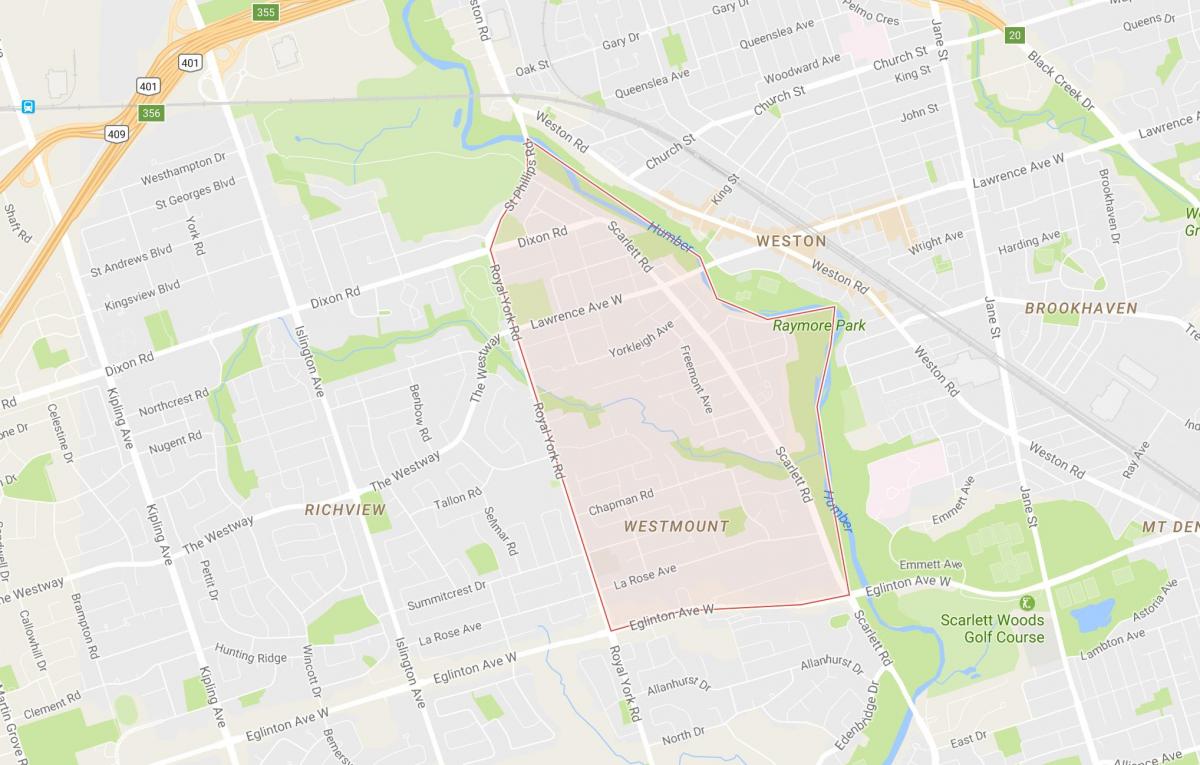 Žemėlapis Humber Aukštis – Westmount kaimynystės Toronto