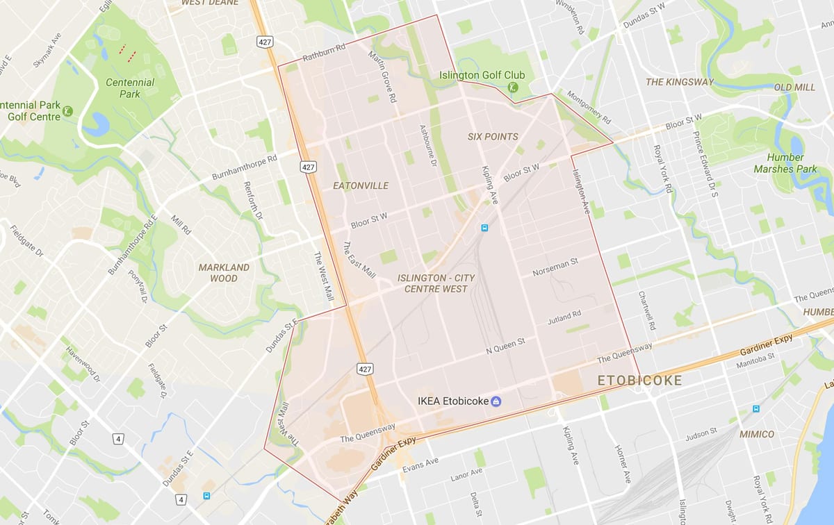 Žemėlapis islington, o tikslas-Miesto Centras Vakarų kaimynystės Toronto