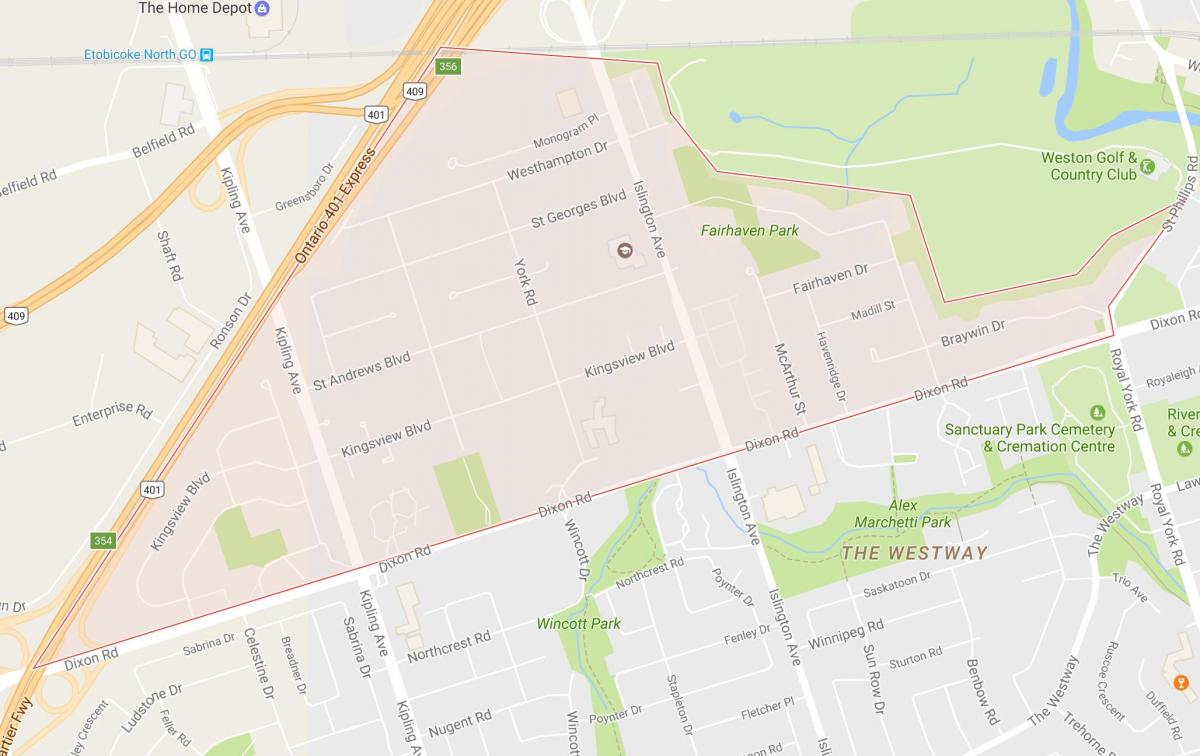 Žemėlapis Kingsview Kaime kaimynystės Toronto