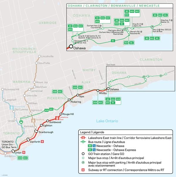 Žemėlapis linija Lakeshore East Eiti Tranzito