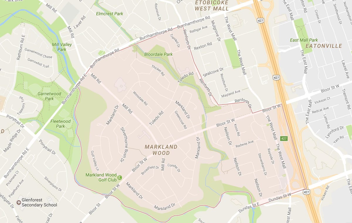 Žemėlapis Markland Medienos kaimynystės Toronto
