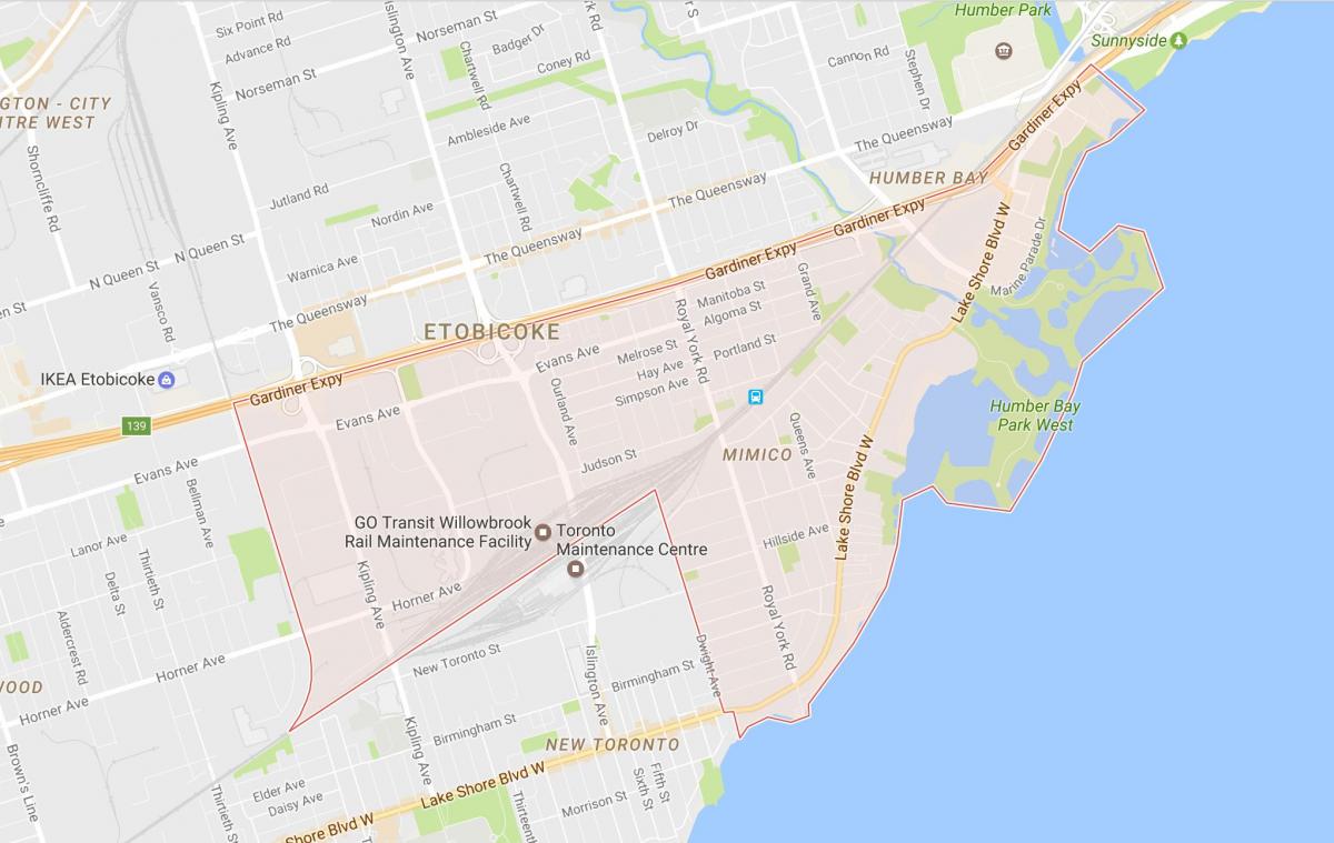 Žemėlapis Mimico kaimynystės Toronto