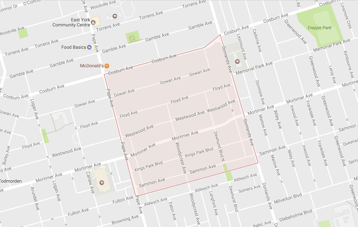 Žemėlapis Pape Kaime kaimynystės Toronto