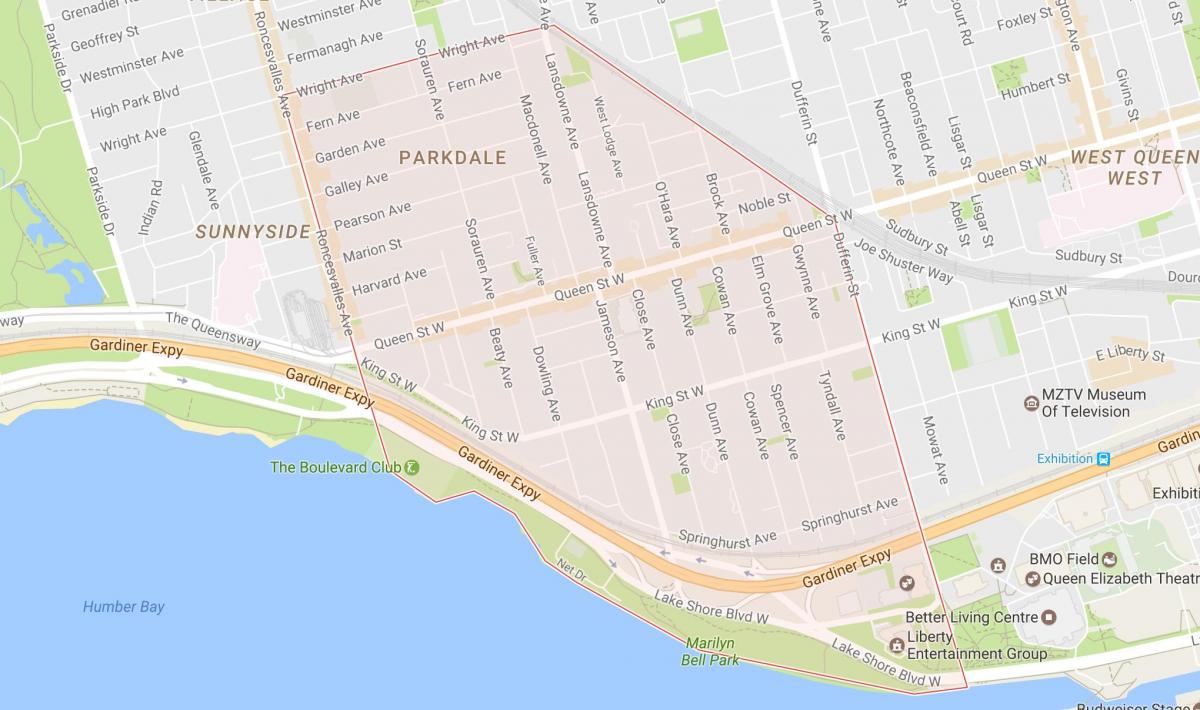 Žemėlapis Parkdale kaimynystės Toronto