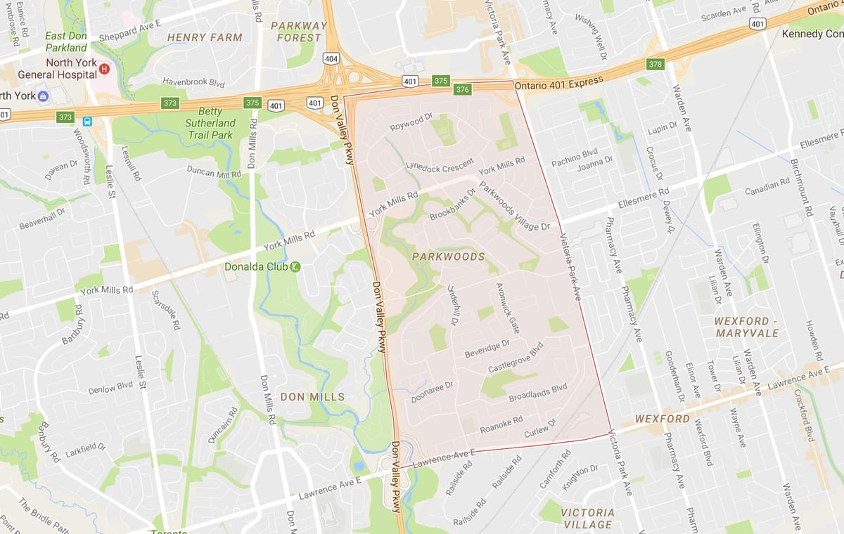 Žemėlapis Parkwoods kaimynystės Toronto