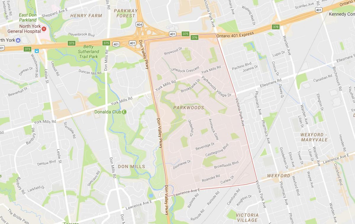 Žemėlapis Parkwoods kaimynystės Toronto
