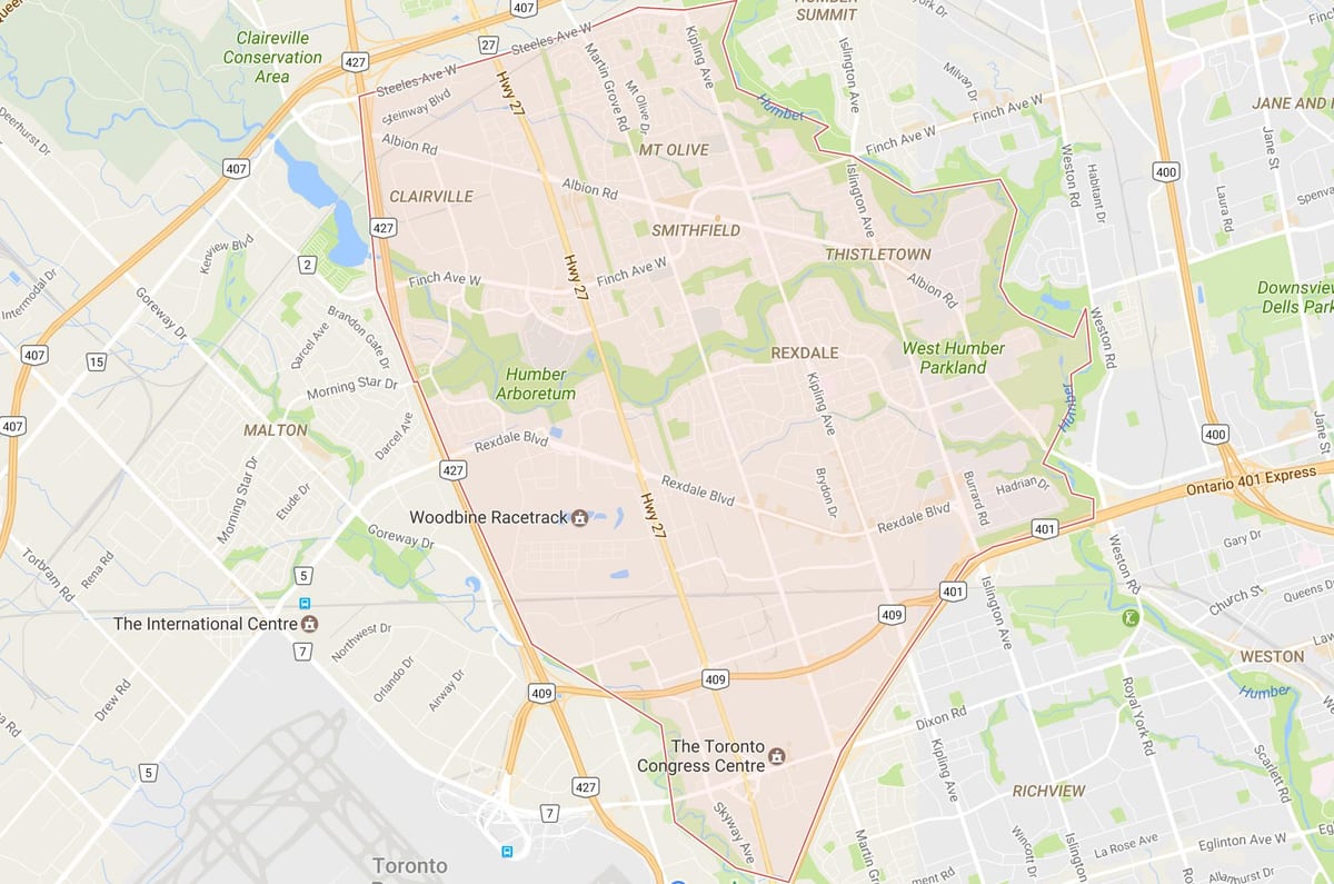 Žemėlapis Rexdale kaimynystės Toronto