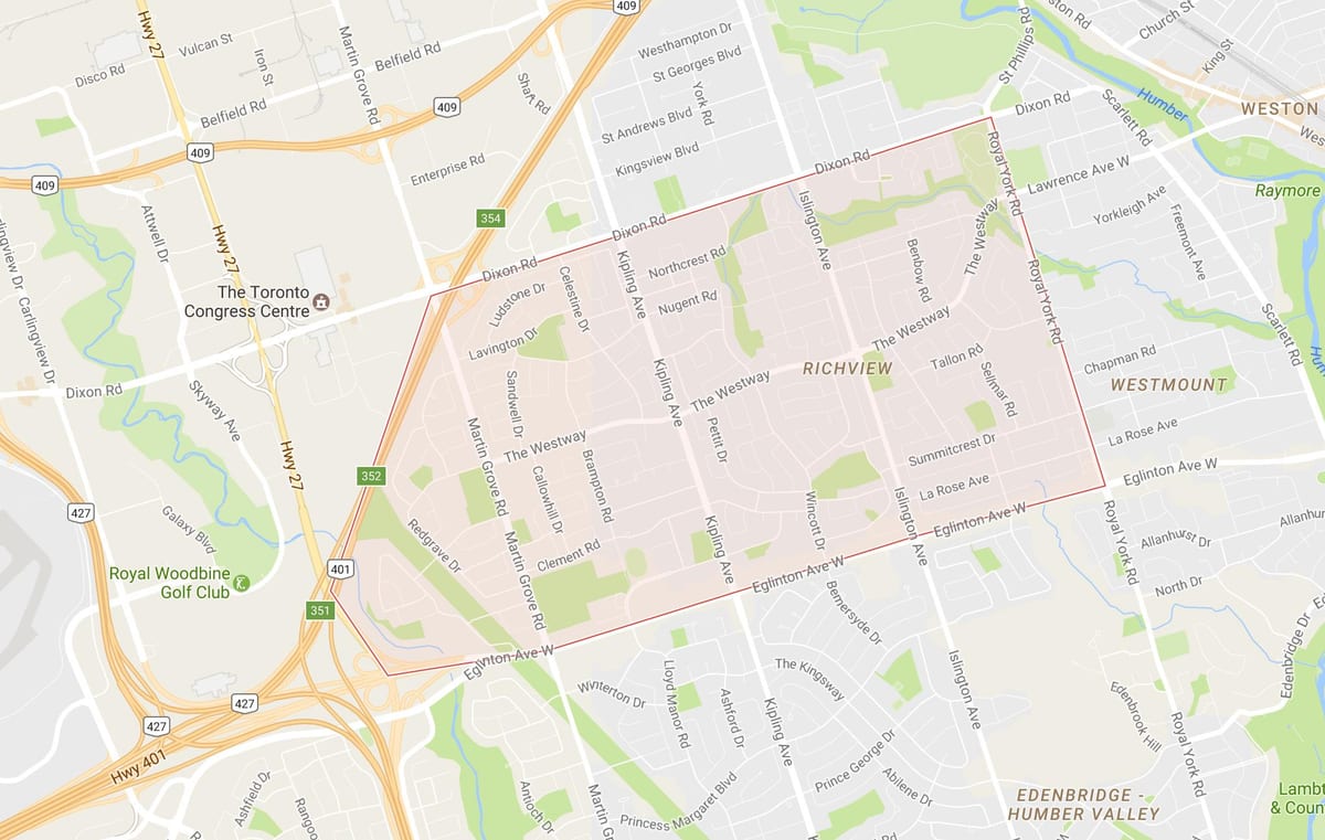 Žemėlapis Richview kaimynystės Toronto