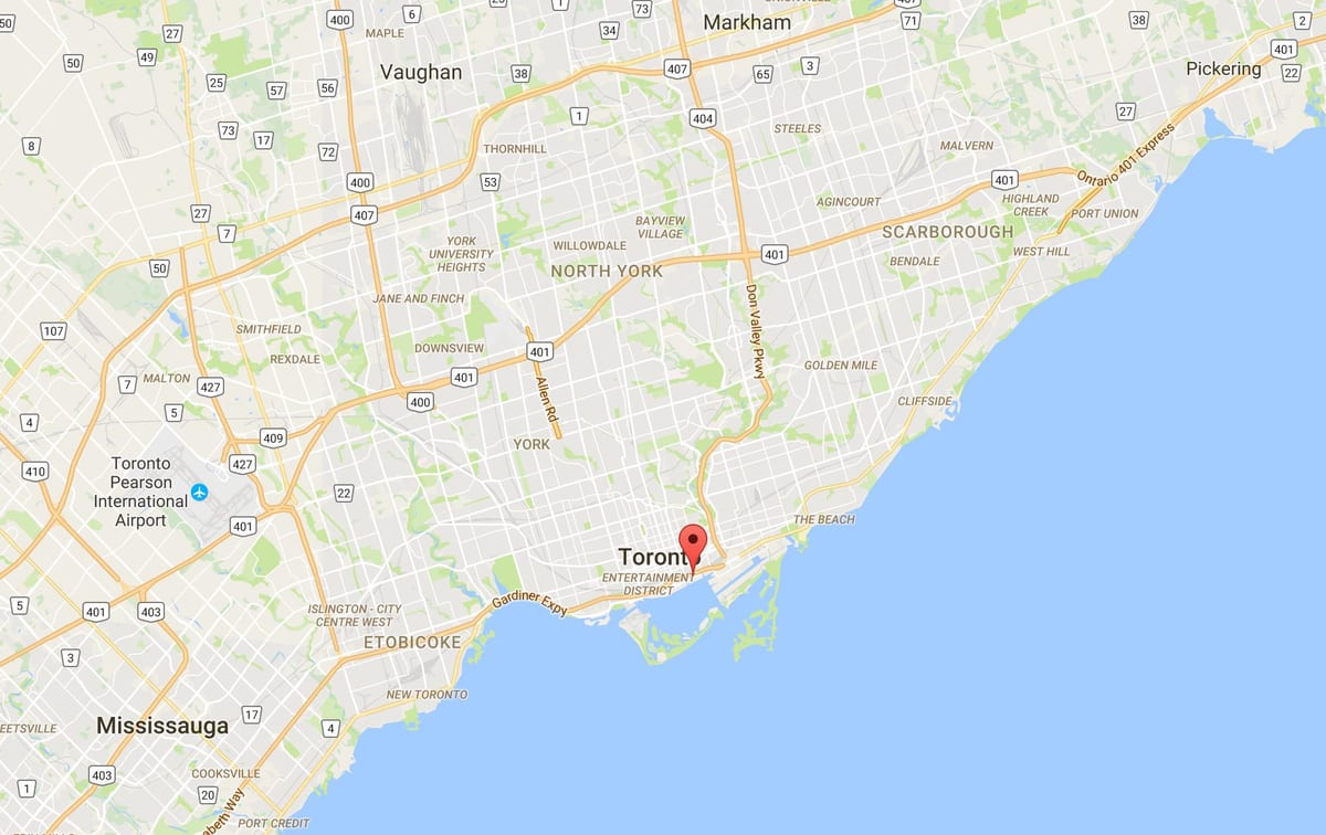 Žemėlapis Rytų Bayfront rajono Toronto