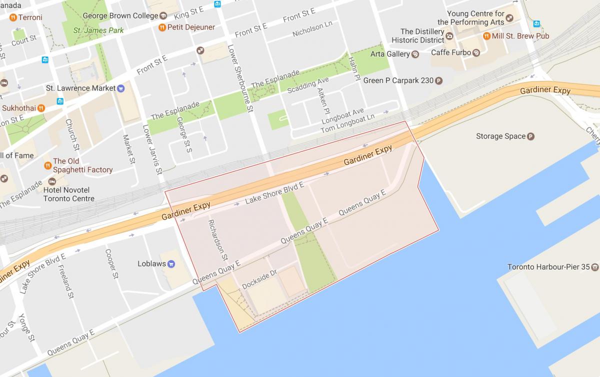 Žemėlapis Rytų Bayfront kaimynystės Toronto