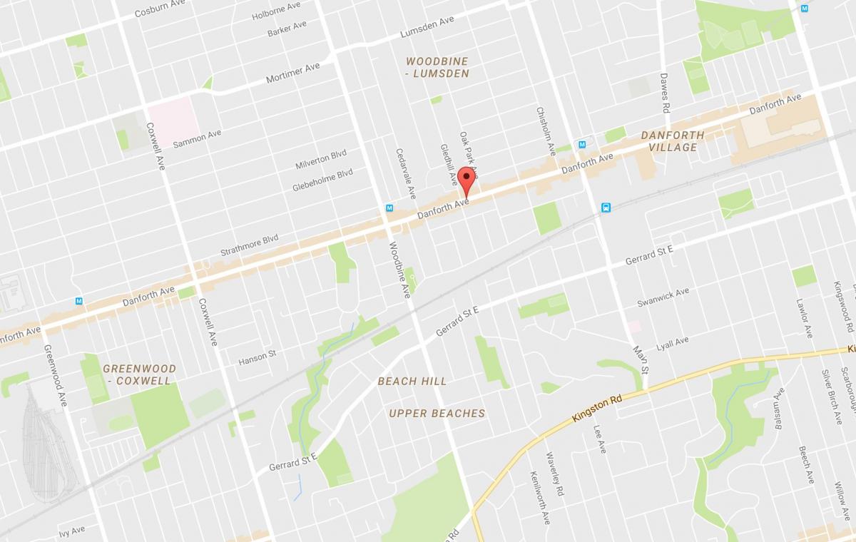 Žemėlapis Rytų Danforth kaimynystės Toronto