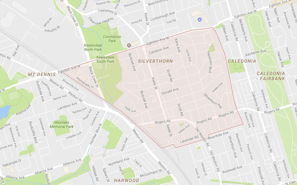 Žemėlapis Silverthorn kaimynystės Toronto