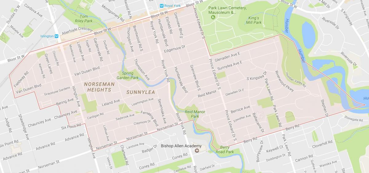 Žemėlapis Sunnylea kaimynystės kaimynystės Toronto