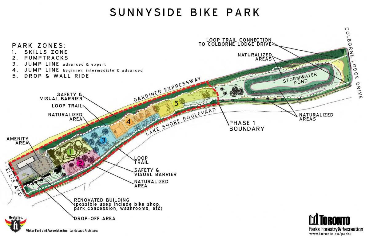Žemėlapis Sunnyside Dviračių Parko zonoje Toronto
