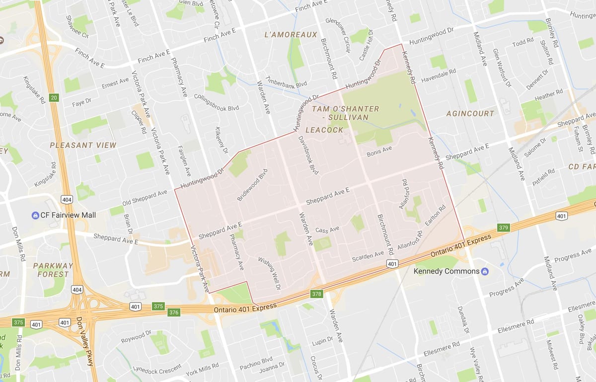 Žemėlapis Ten O'Shanter – Sullivan kaimynystės Toronto