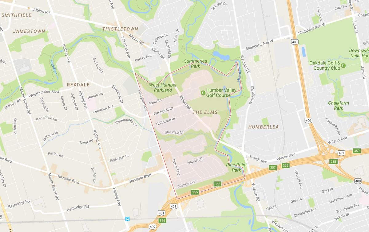 Žemėlapis Elms kaimynystės Toronto