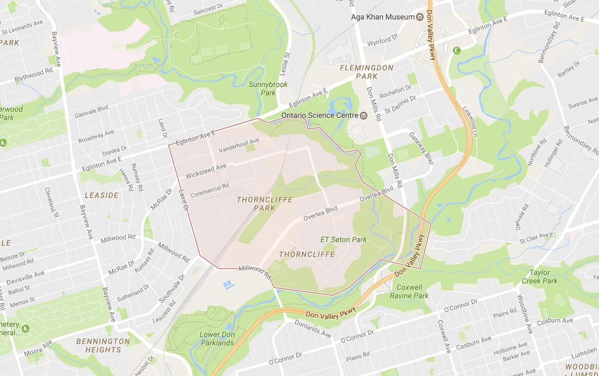 Žemėlapis Thorncliffe Parko kaimynystės Toronto
