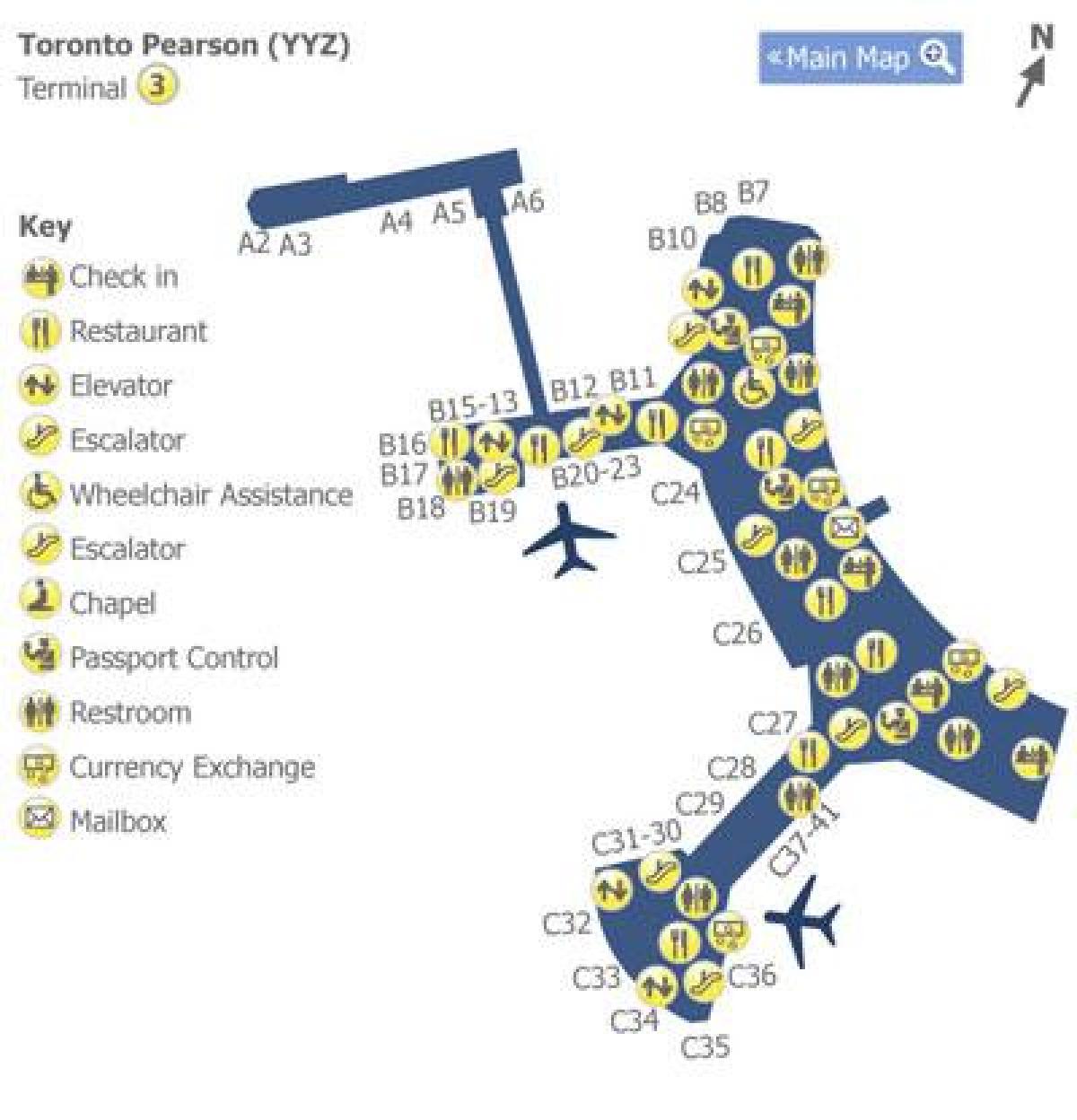 Žemėlapis Torontas Pearson oro uostas, terminalo 3