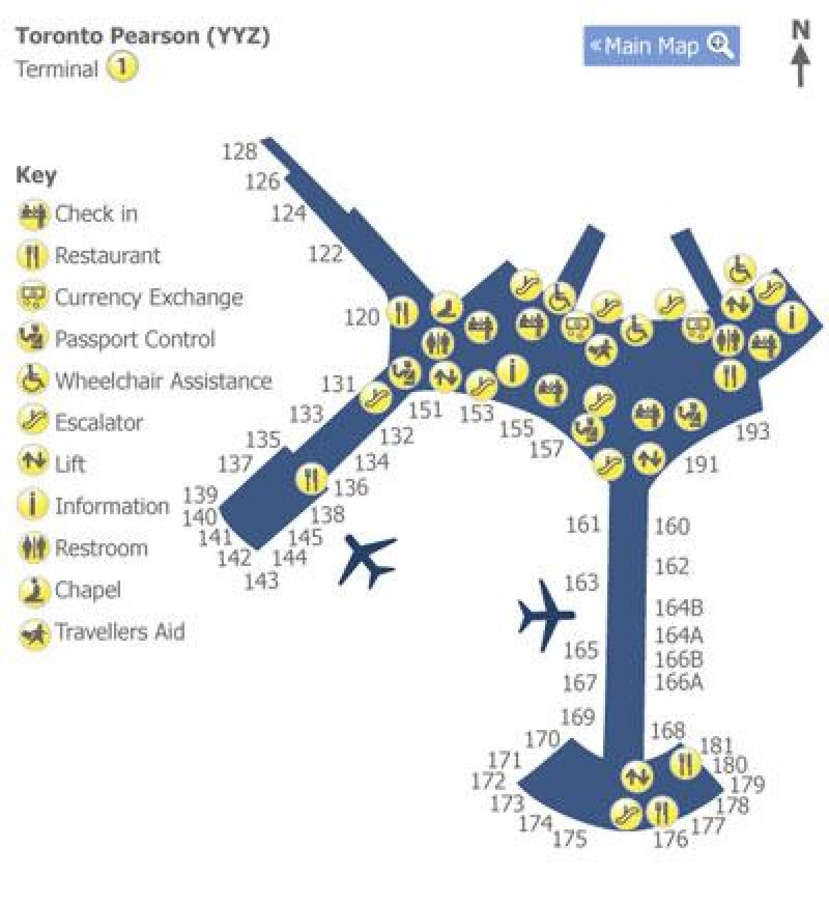 Žemėlapis Torontas Pearson oro uosto terminalas 1