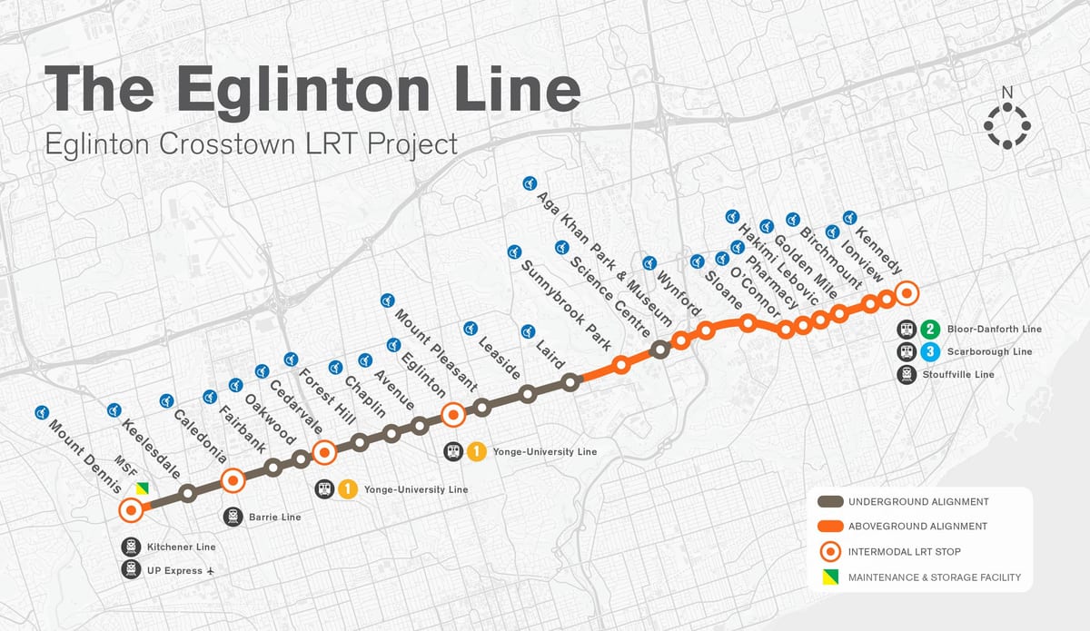Žemėlapis metro Toronto Eglinton linijos projektas