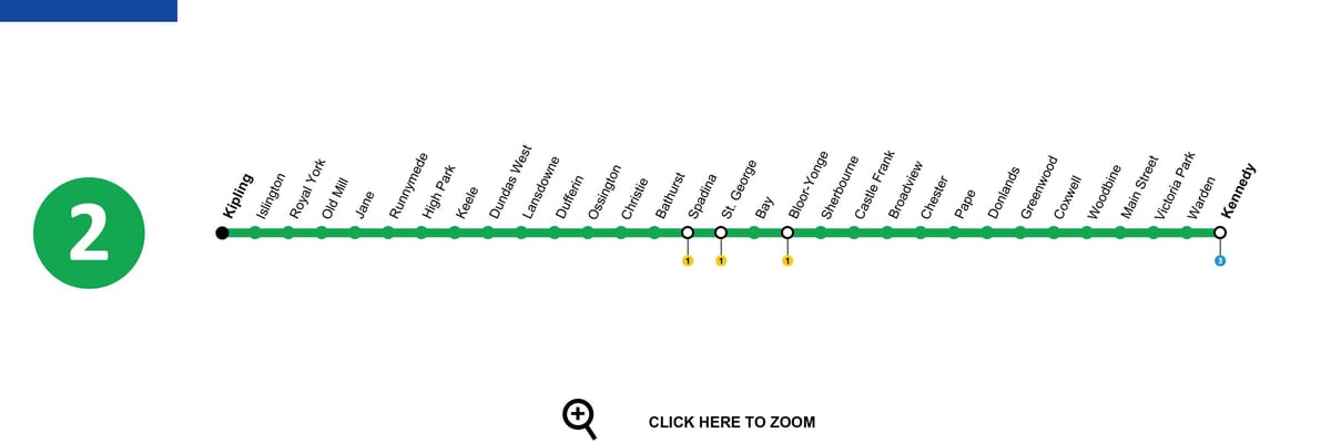 Žemėlapis Toronto metro linija 2 Bloor-Danforth