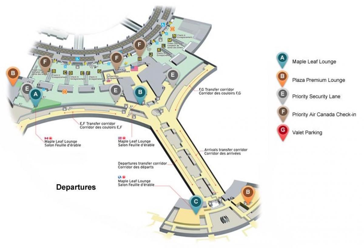 Žemėlapis Toronto Pearson tarptautinis oro uostas išvykimas terminalas