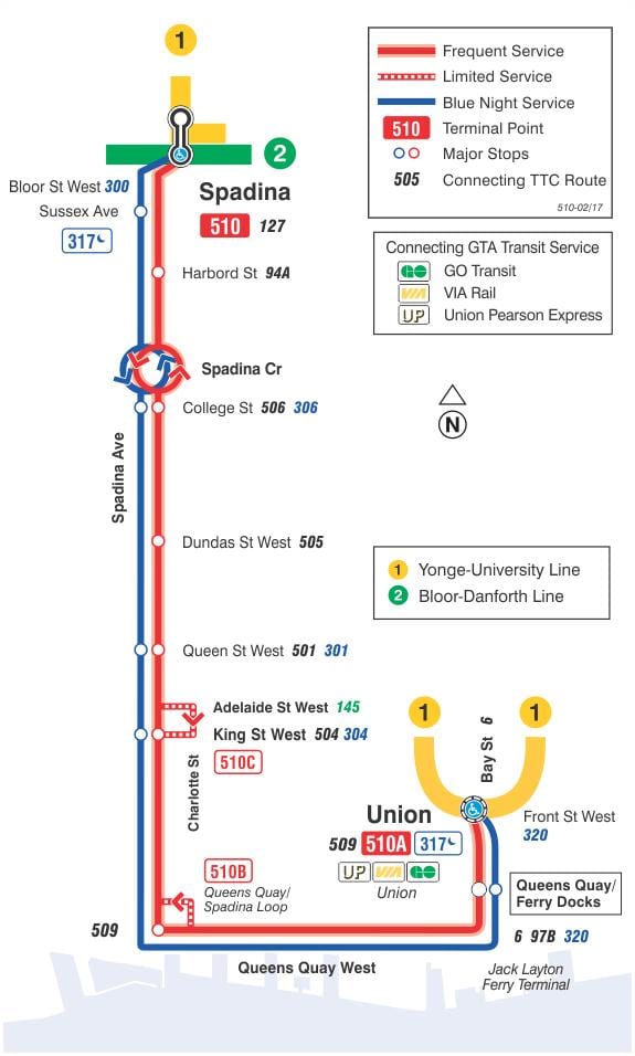 Žemėlapis tramvajaus linija 510 Spadina