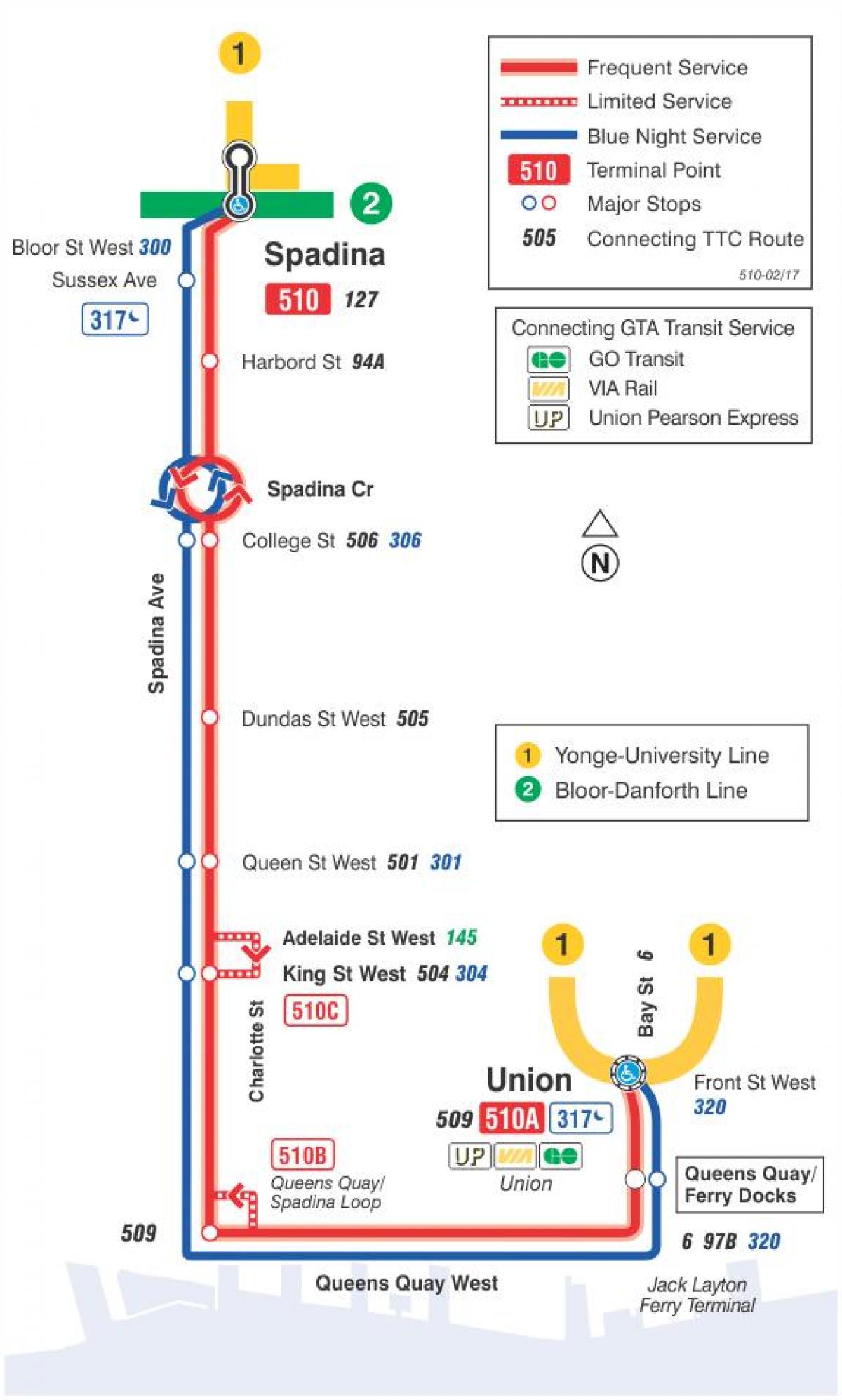 Žemėlapis tramvajaus linija 510 Spadina