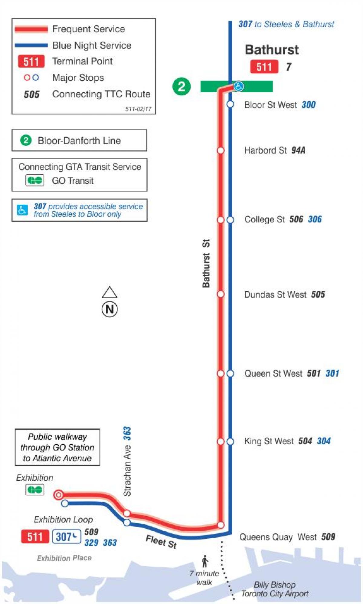 Žemėlapis tramvajaus linija 511 Bathurst