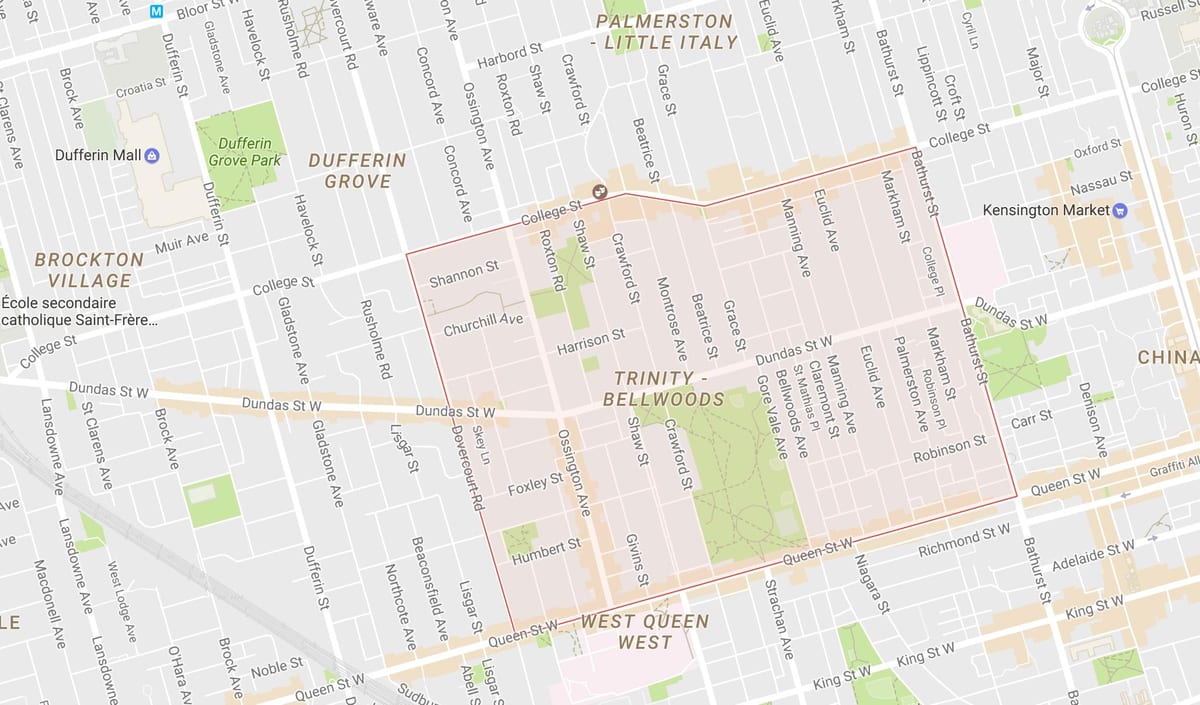 Žemėlapis Trejybės–Bellwoods kaimynystės Toronto