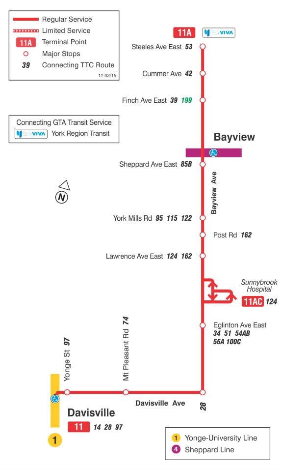 Žemėlapis TTC 11 Bayview autobusų maršrutu Torontas