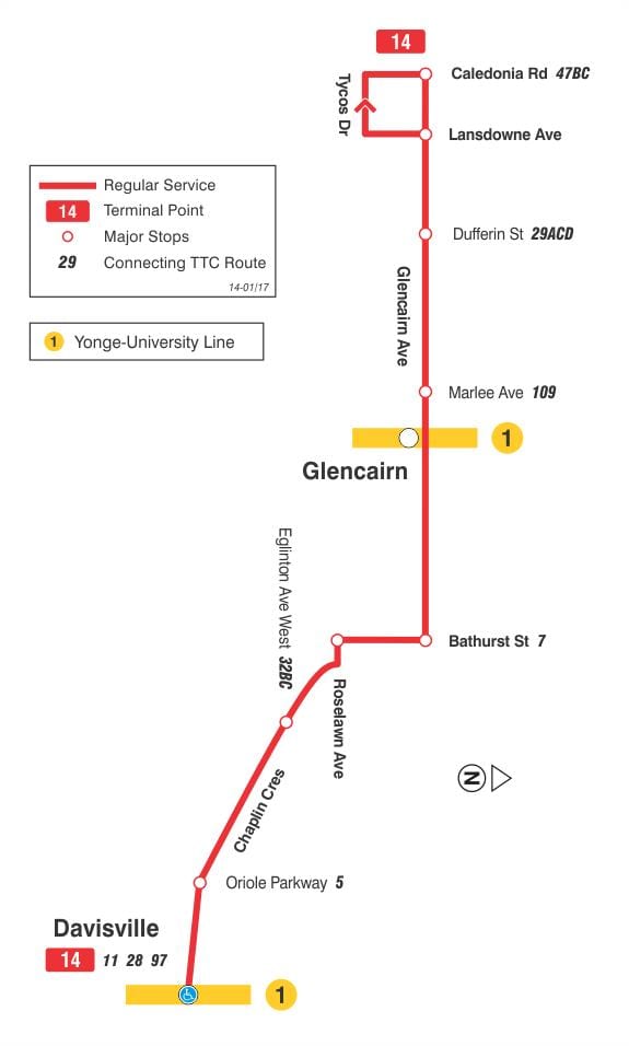 Žemėlapis TTC 14 Glencairn autobusų maršrutu Torontas