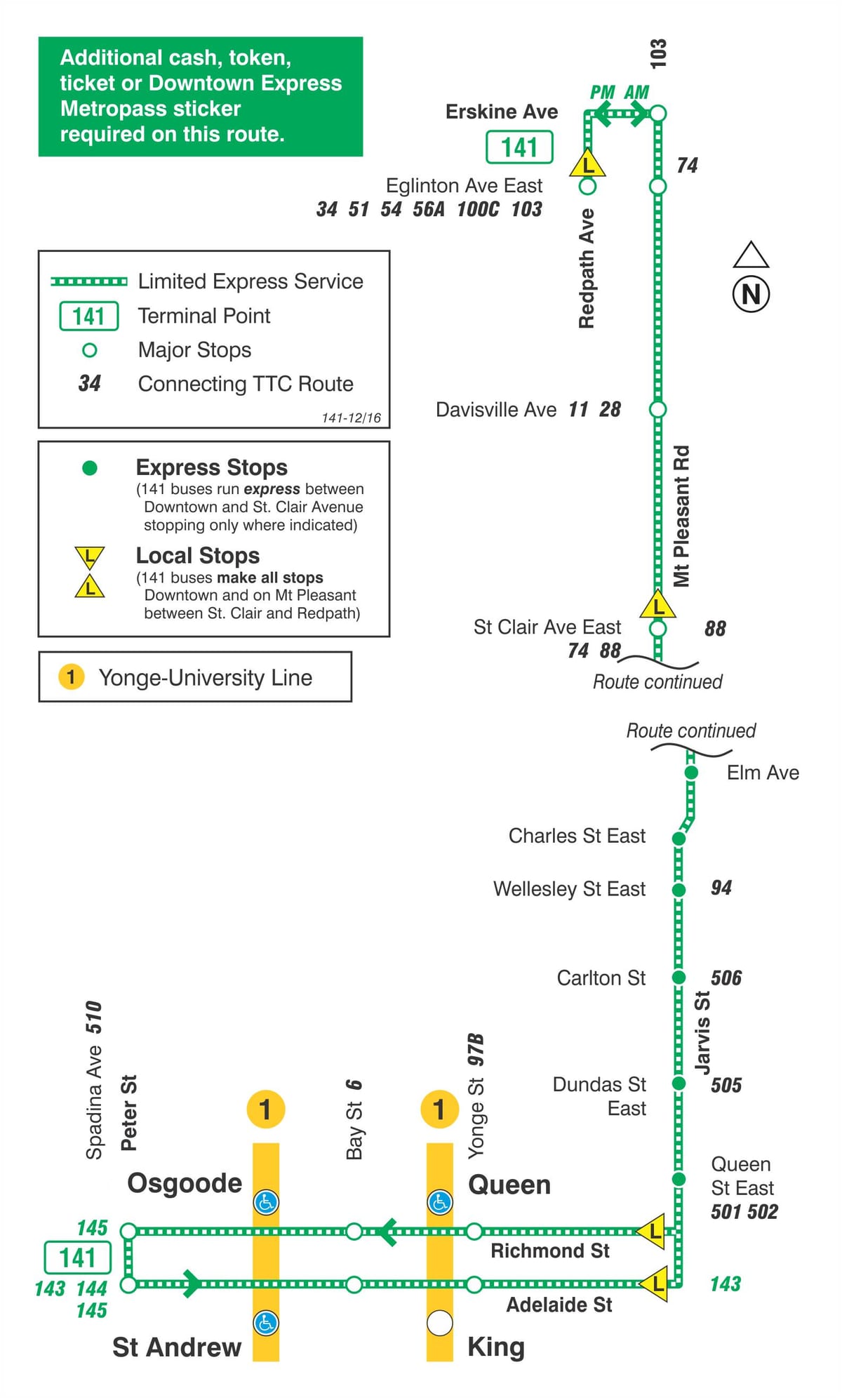 Žemėlapis TTC 141 Downtown / Mt Pleasant Express " autobusu maršrutu Torontas